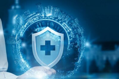 Doctor in a white coat holding a shield icon with a cross, symbolizing healthcare security, with a futuristic cityscape and digital elements in the background.